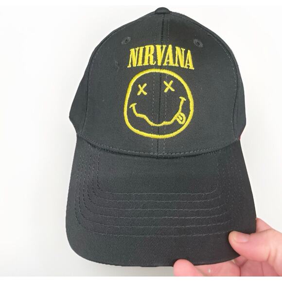 Nirvana - Black Smiley Face Logo Adjustable Snapback Rock Band Hat Cap (NEW) - Picture 1 of 1